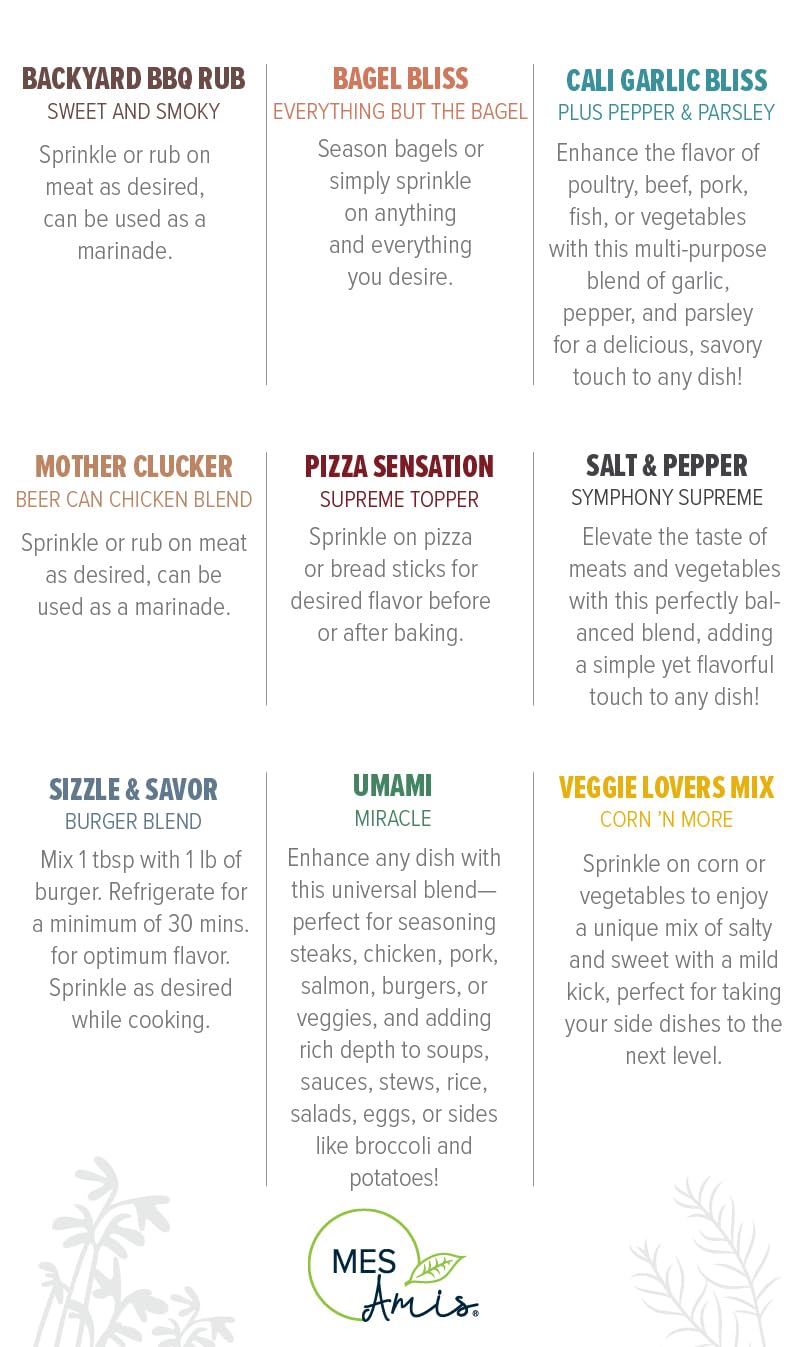 MES Amis Ultimate 9-Pack - Gourmet Blends & All-Purpose Seasoning Collection | Sizzle & Savor Burger Blend (7.3 ounces) + Pizza Sensation Supreme