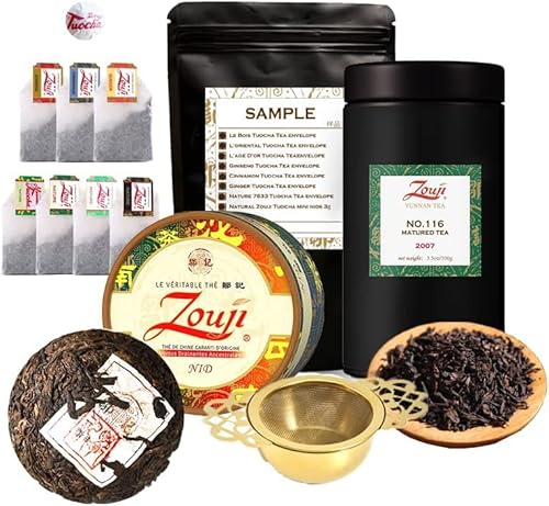 Yunnan Tuocha® Zouji Nature Tuocha Tea - Award-Winning Tea Sample Pack - 100g Nest + 100g Loose Tea No.116 + 7 Sachets of Different Flavors - 217g