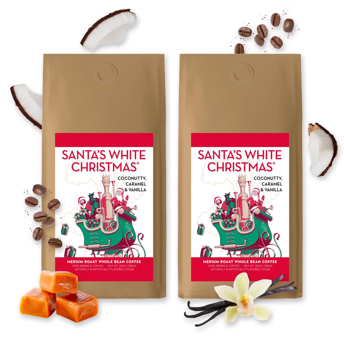 BARNIE'S COFFEE TEA CO. Santa's White Christmas Whole Bean Coffee with Smooth Coconut, Caramel and Warm Vanilla Flavors, Medium Roasted Arabica Coffee