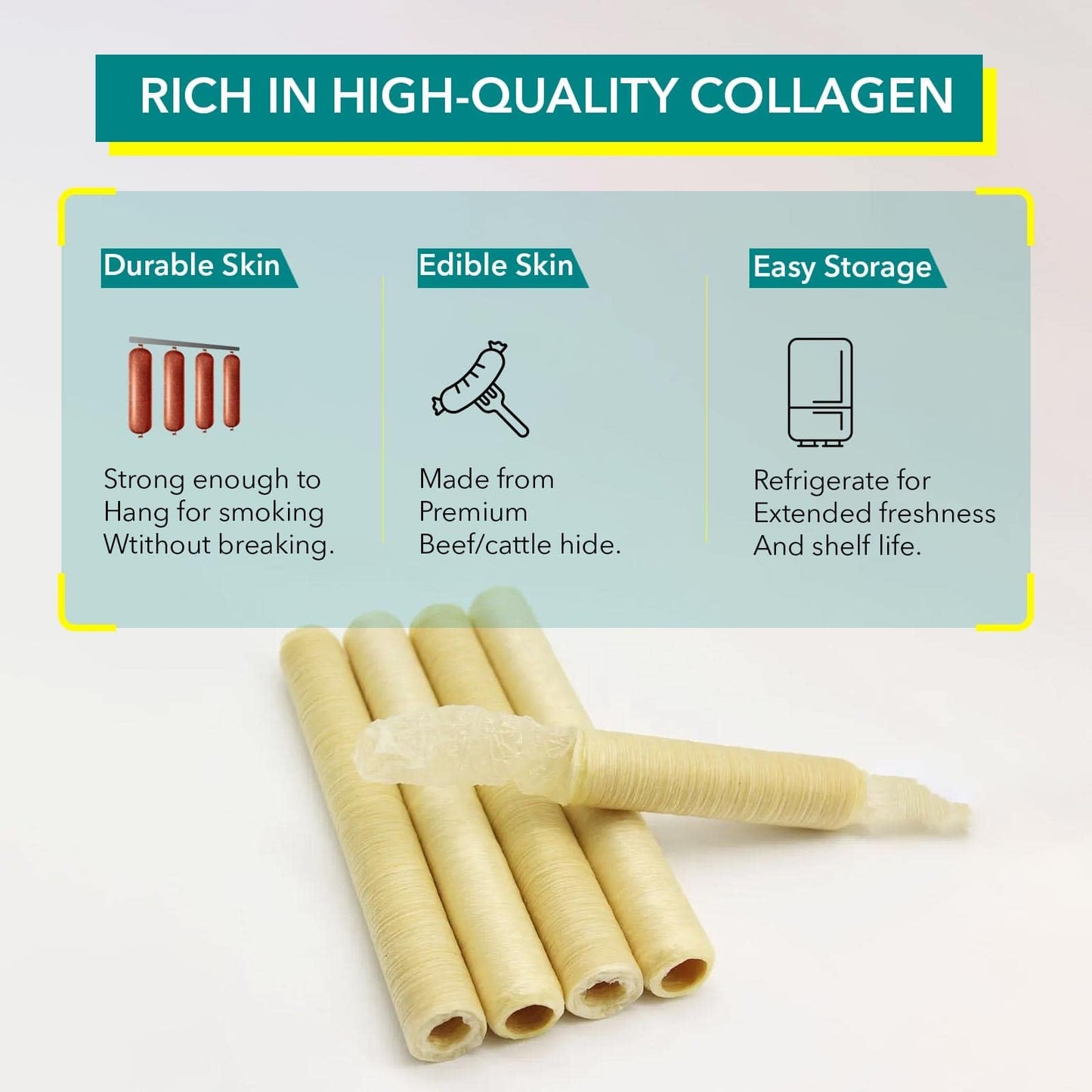 The Sausage Maker® 19mm Collagen Casings For Sausage Making, Edible, Clear, Smoked Beef Collagen Sticks, 3/4” Diameter Snack Stick Casings, 148 Feet