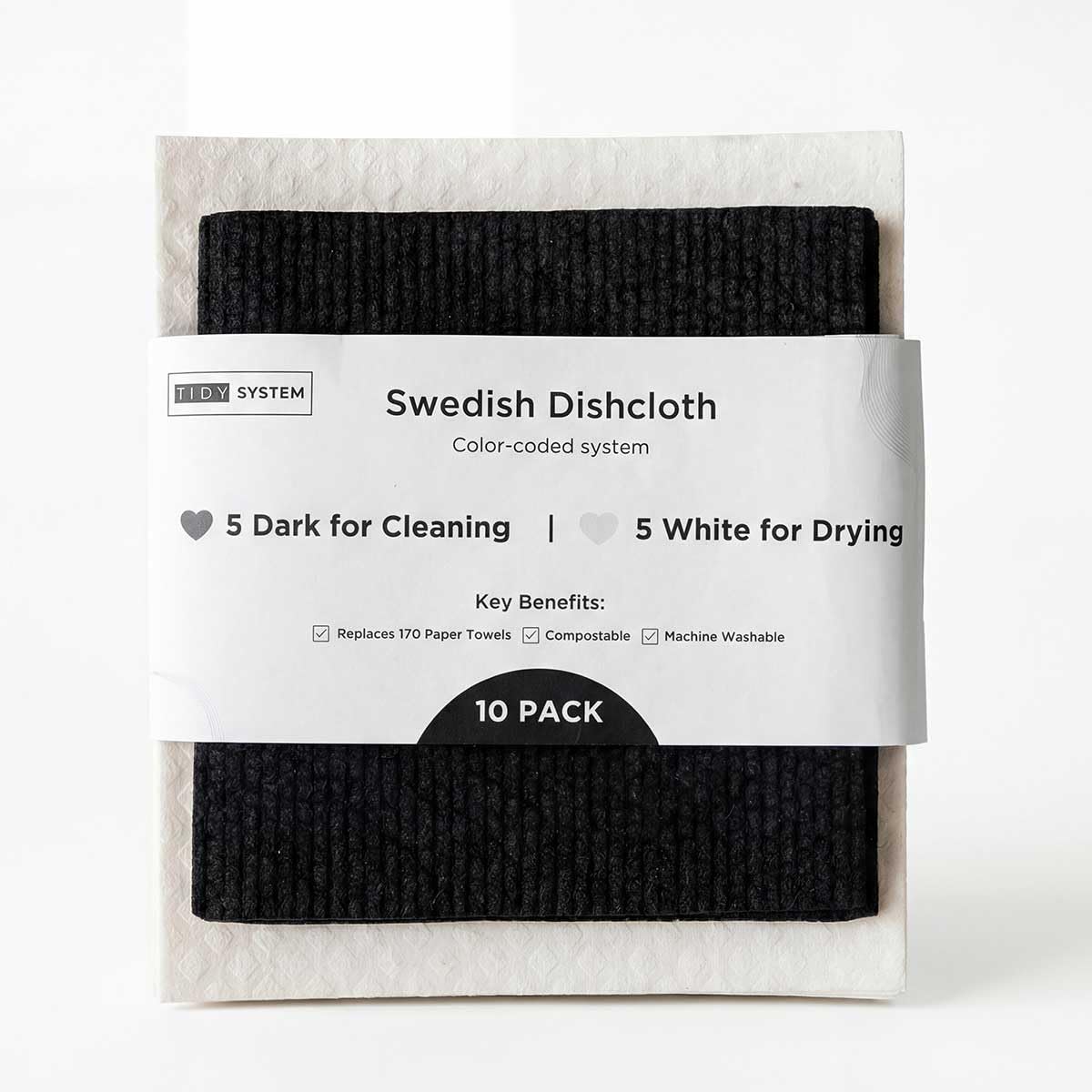 TIDY SYSTEM Swedish Dishcloths 10 Pack - Color-Coded Kitchen Cleaning Cloths - 5 Dark for Cleaning, 5 White for Drying - Replaces Paper Towels