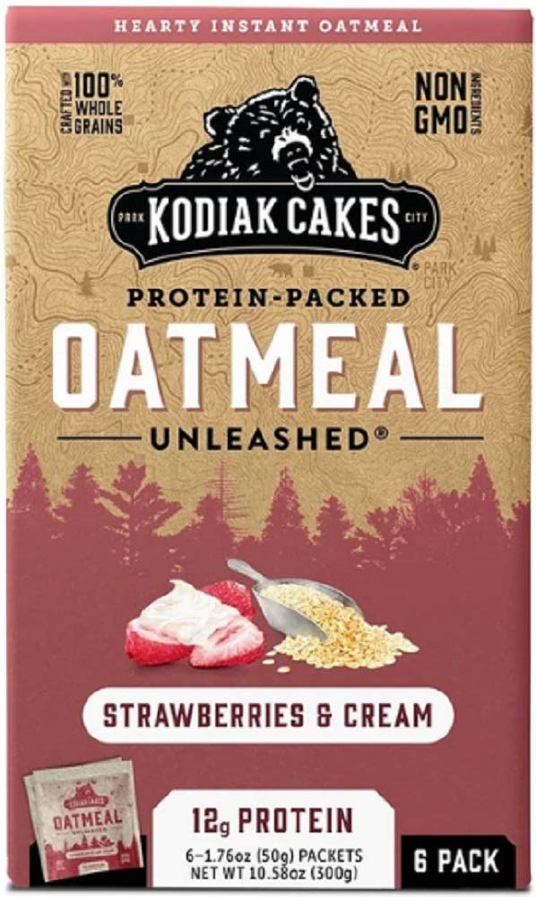 Kodiak Cakes Strawberries & Cream Protein-Packed Oatmeal Packets, Box of 6 Instant Oatmeal Packets, Non GMO, 12 Grams of Protein, Kosher Dairy