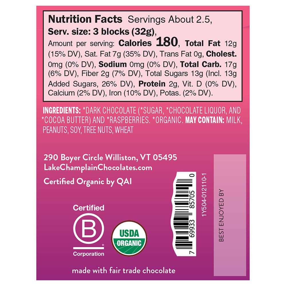 LAKE CHAMPLAIN CHOCOLATES Organic Raspberries & Dark Chocolate Bar, 3 OZ