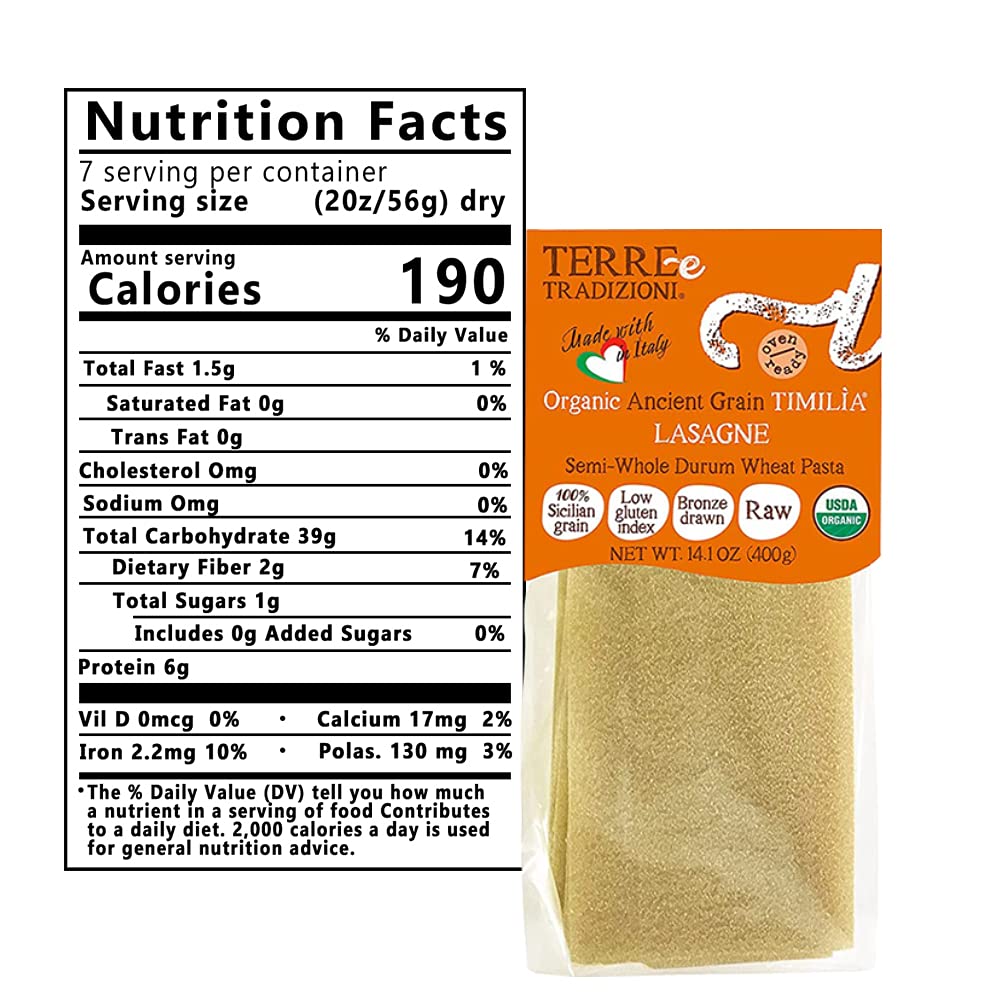 TERRE E TRADIZIONI Organic Italian LASAGNA Pasta Semi- Whole Durum Wheat Semolina Pasta - Italian TIMILIA Organic Ancient Grain LASAGNA Pasta - Vegan