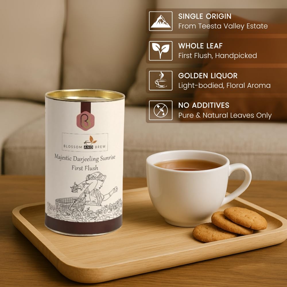 Blossom & Brew Majestic Darjeeling Sunrise First Flush Black Tea (1.76oz) - Whole Leaf from Teesta Valley - Rich Flavored & Aromatic Breakfast Brew