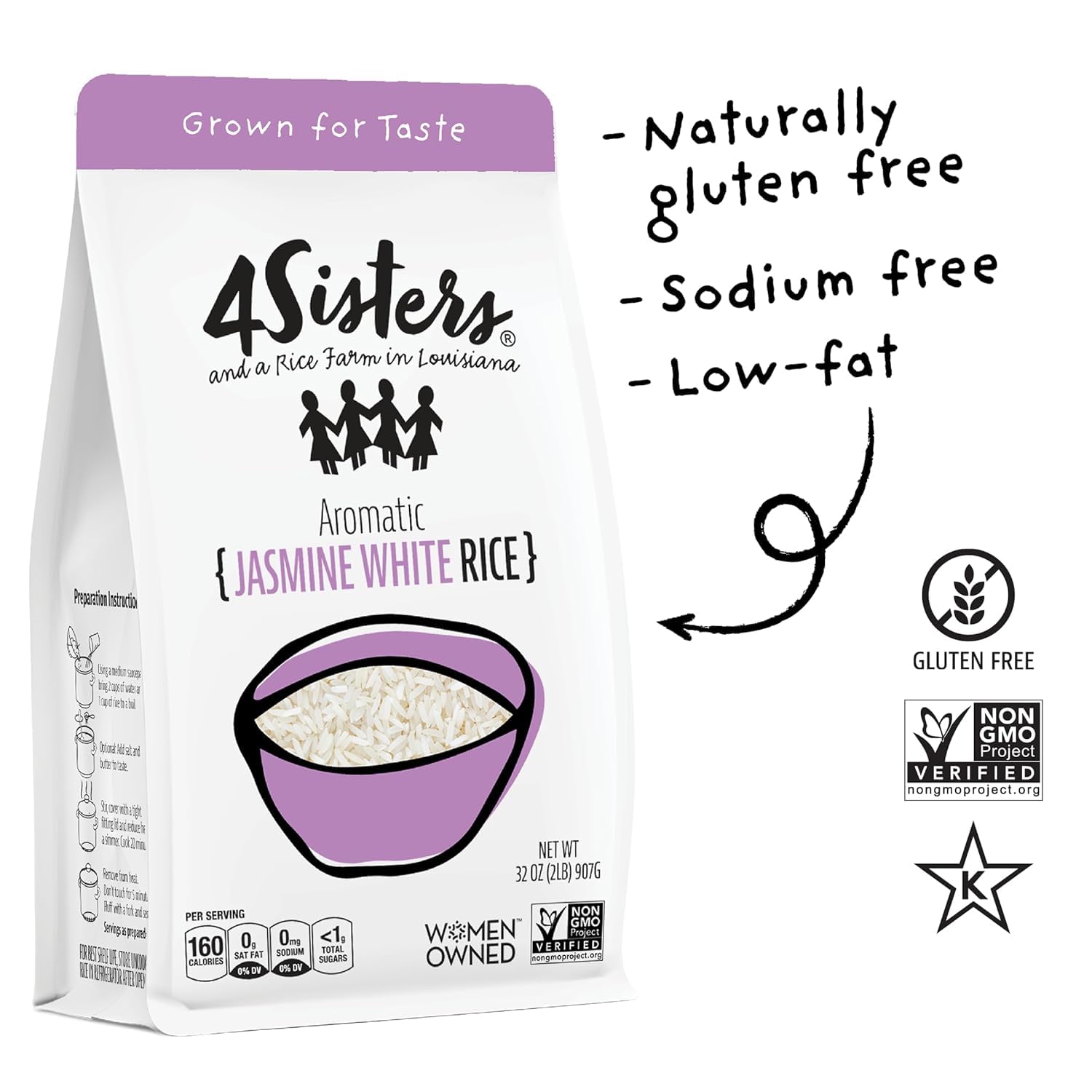 4Sisters - Premium Long Grain Aromatic Jasmine White Rice - Sustainably Grown - Women Owned - Farm to Table (2 lb)