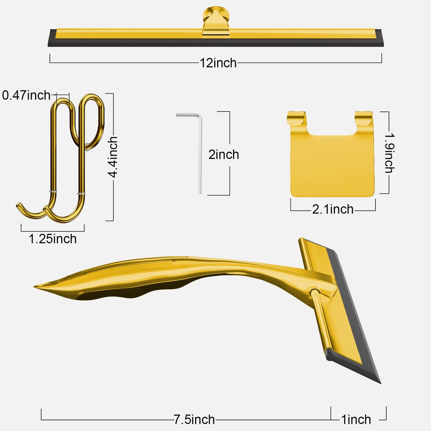 TOOVEM 12 Inch Shower Squeegee for Glass Doors, Window, Bathroom, Car Windshield, Shower Cleaning Tools with S Hook, Square Sticky Hook?Gold?