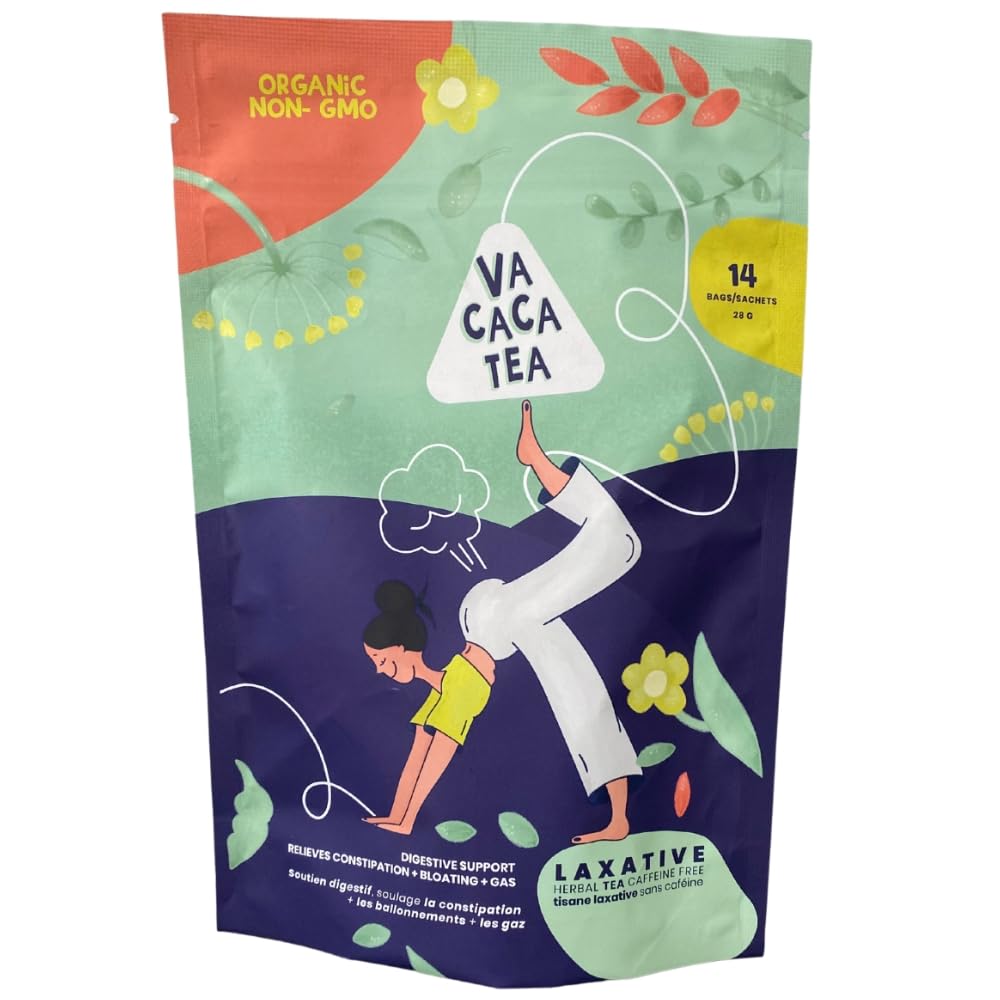 VaCaCa Mild Organic Laxative Tea - Caffeine Free Premium Herbal Tea with Senna Leaf, Dandelion Root, Peppermint, Milk Thistle and Burdock Root - 14