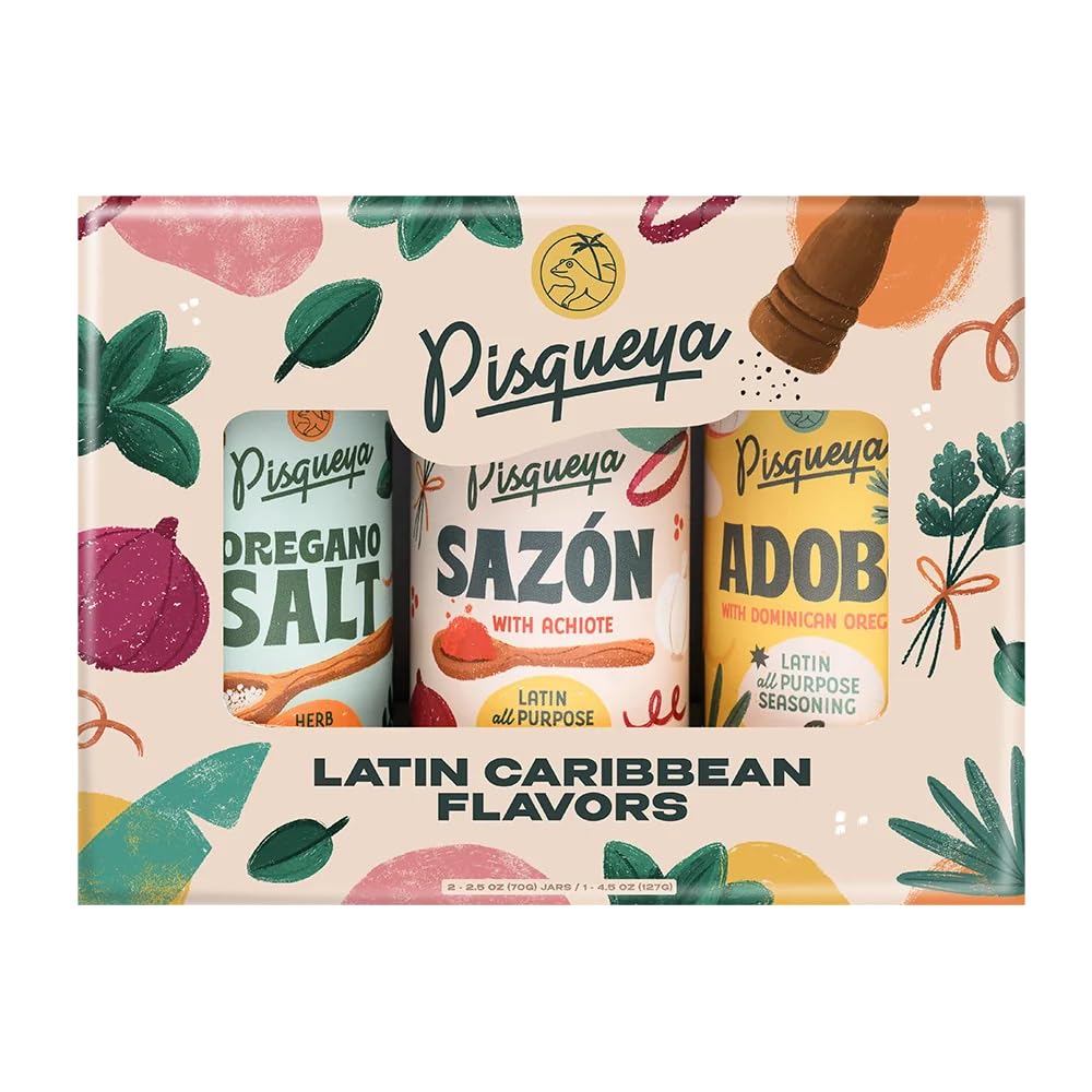 Pisqueya Latin Seasoning Gift Set, Sazon Adobo Oregano Salt, 3 Pack