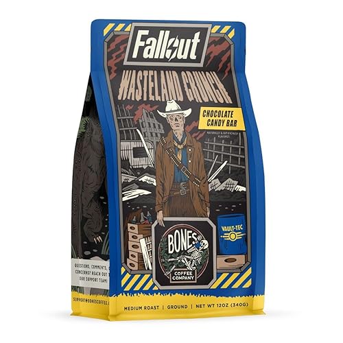 Bones Coffee Company Fallout Wasteland Crunch, Chocolate Candy Bar Flavored Coffee, Medium Roast Low Acid Arabica Beans Compatible with Auto drip