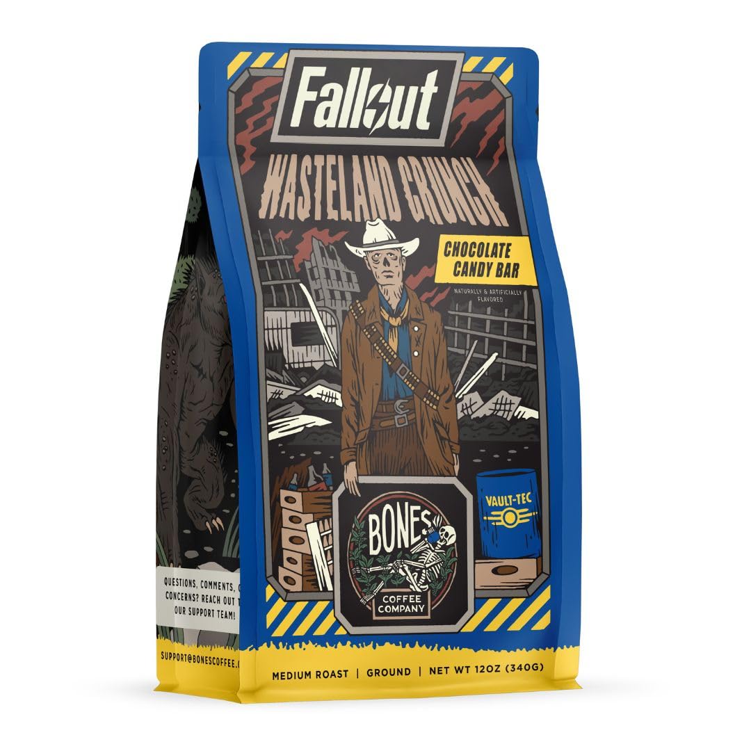Bones Coffee Company Fallout Wasteland Crunch, Chocolate Candy Bar Flavored Coffee, Medium Roast Low Acid Arabica Beans Compatible with Auto drip