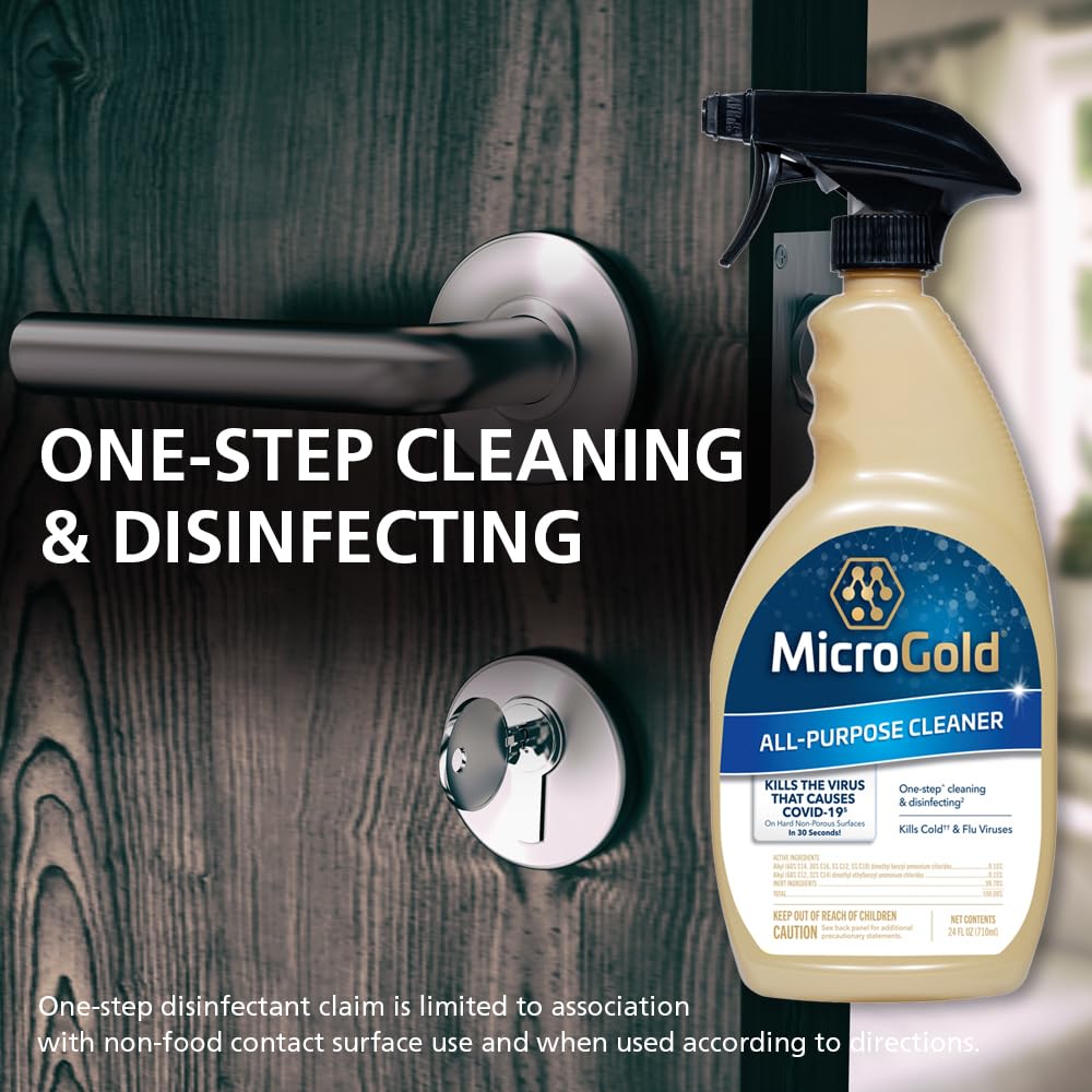 MicroGold All-Purpose Cleaner Spray Kills 99.9% of Bacteria and Viruses Bleach Free for Use in Kitchens and Bathrooms, 24 Fluid Ounces, 1 Pack