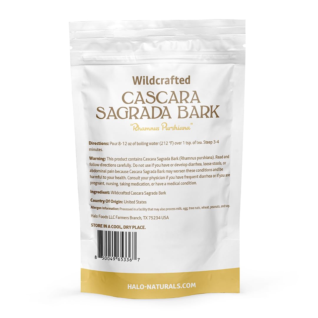 Halo Naturals Cascara Sagrada Bark Wildcrafted Cut & Sifted, 4 Ounces Resealable Pouch| Packaged in The USA