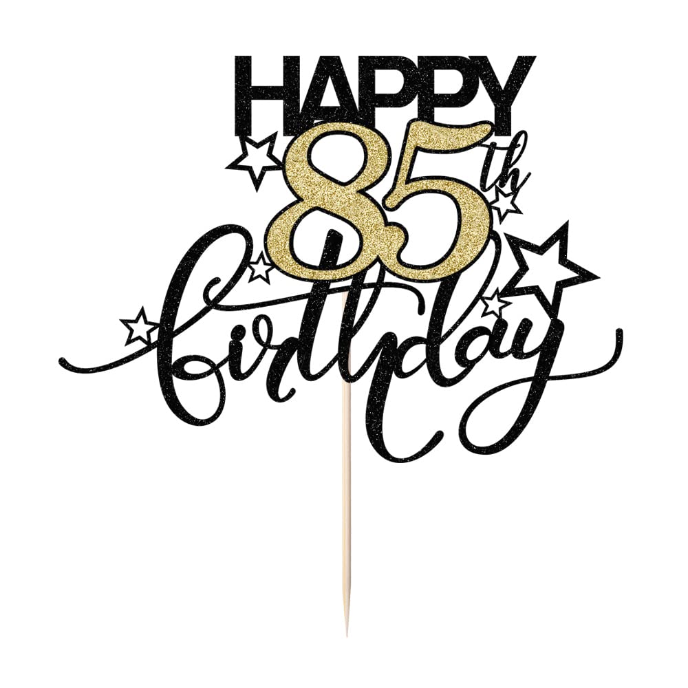 Bekaterea Happy Birthday Cake Topper,Black font Golden Numbers 85th Birthday Cake Decoration?Hello 85, Cheers to 85 Years/85th Anniversary ?85