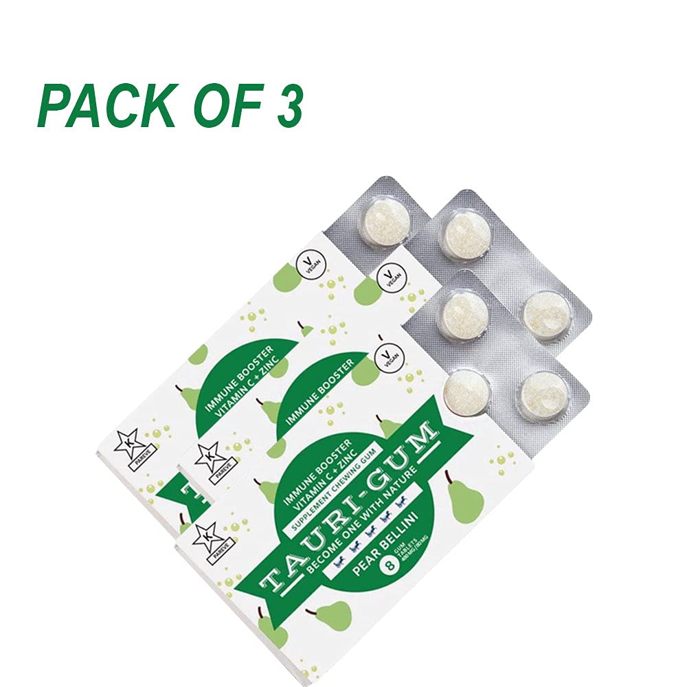 Tauri-Gum Pear Bellini | Zinc Chewing Gum, Immune Booster, Kosher | Vegan (Pack Of 3)