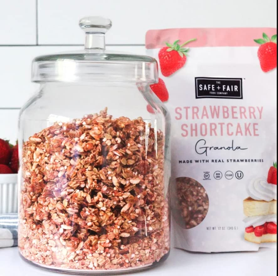 Safe + Fair Strawberry Shortcake Granola - Gluten-Free, Dairy-Free & Vegan Snack - Allergen-Free, Non-GMO, and No Artificial Ingredients - 12oz