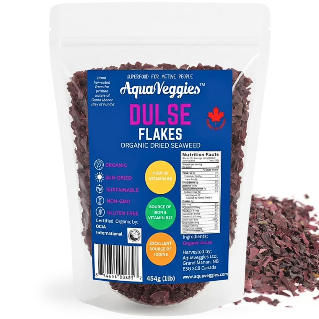 Aqua Veggies Organic Atlantic Dulse Flakes Sea Vegetable, Wild-Harvested, Sun-Dried Superfood Seaweed Snacks| Rich in Iodine, B12, Iron, Calcium
