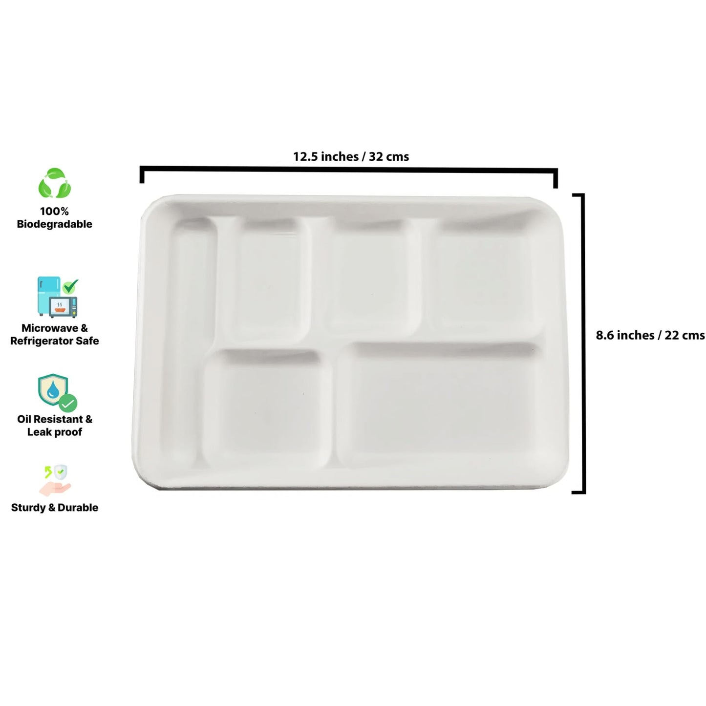 R and R Industries HARSHU 6 Compartment Sugarcane Disposable Plates | Eco-Friendly Biodegradable & Compostable Tableware for Parties, Events