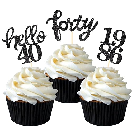 Black Glitter 40th Birthday Cupcake Toppers 40th Birthday Celebrating Party Decorations - Set of 24
