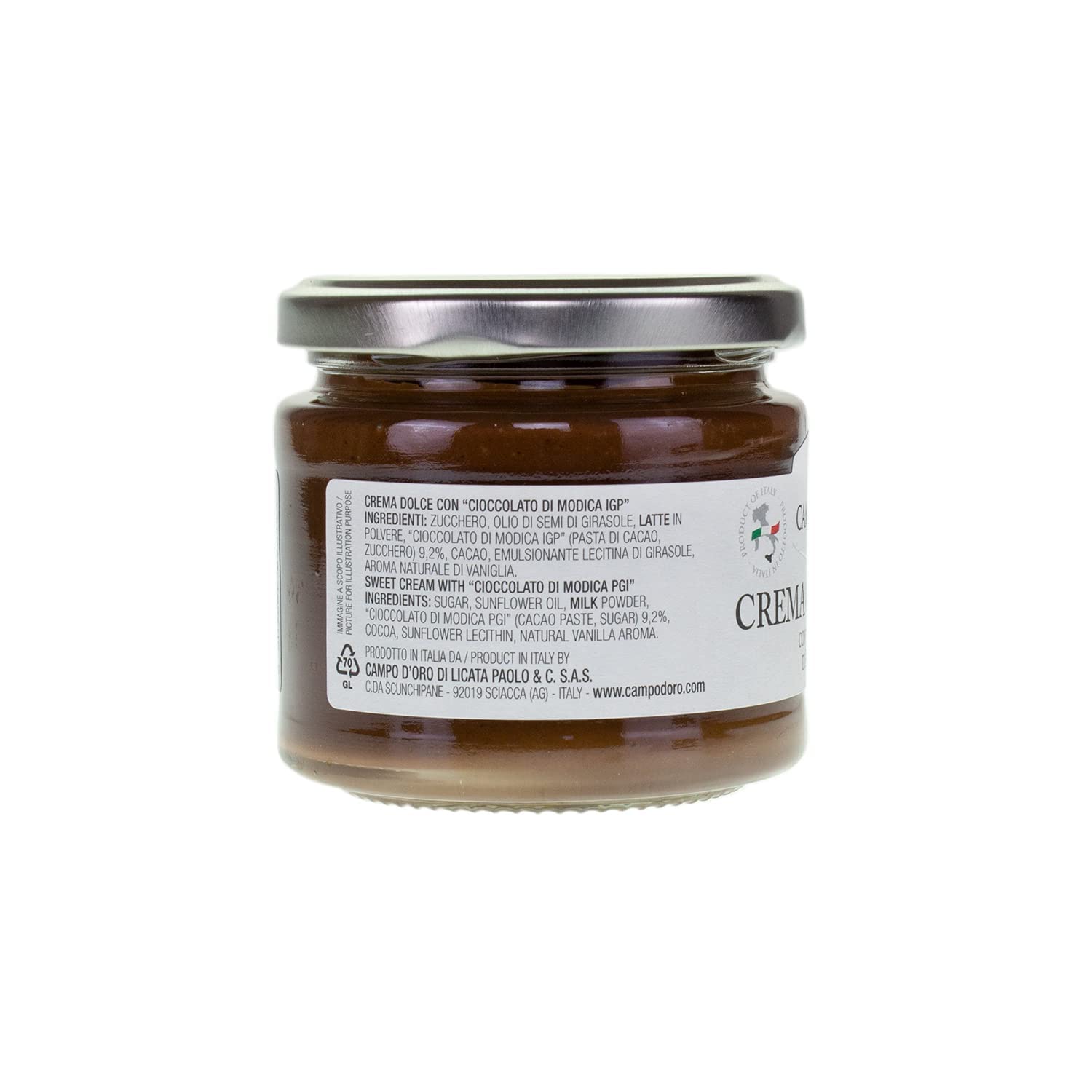 CAMPO D'ORO CHOCOLATE SPREAD 180 Gr. Dark chocolate sweet cream Modica PGI. Dark Chocolate spread with milk. Italian chocolate, chocolate butter