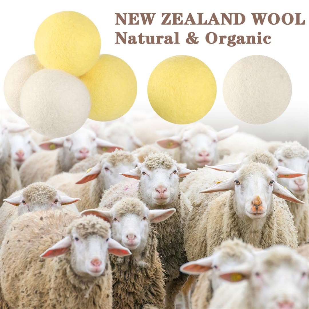 Wool Dryer Balls XL 6 Pack Pure Organic Wool Premium Reusable Fabric Softener New Zealand Sheep Wool Ball for Dryer Natural Fabric Softener Saves