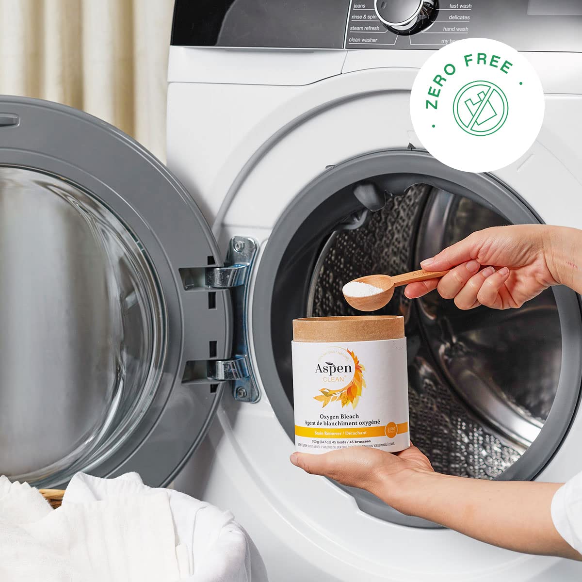 AspenClean | Unscented Oxygen Bleach Powder | Color Safe Laundry Stain Remover | Bleach Alternative | EWG Verified™, Hypoallergenic, Non-Toxic | 45