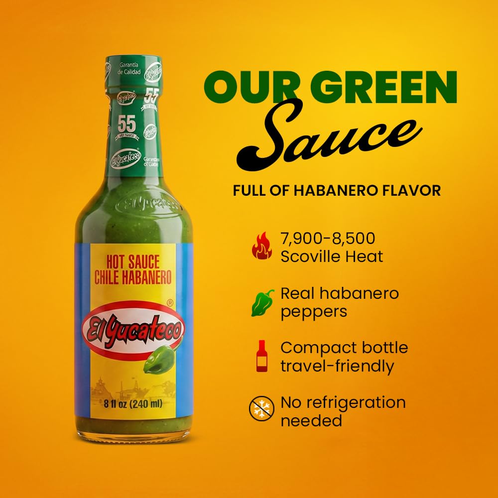 El Yucateco Green Habanero Hot Sauce, Authentic Mexican Chile Habanero Sauce, 8 fl oz (240 ml), Gluten Free (Pack of 2)