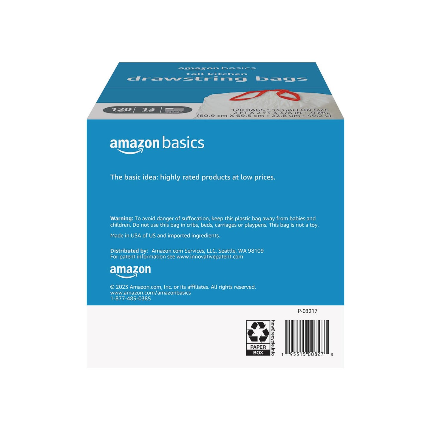 Amazon Basics Tall Kitchen Drawstring Trash Bags, Sturdy and Tear Resistant, 13 Gallon, Unscented, 120 Count