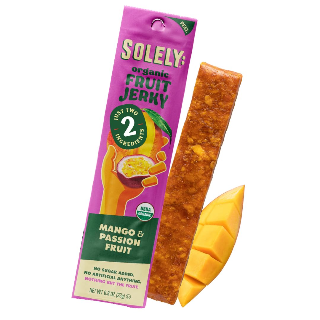 SOLELY - Organic Mango Passion Fruit Jerky - 1 Individually Wrapped Strip - Fruit Leather Made from Dried Fruit - Healthy Snacks for Adults & Kids