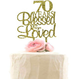 70 Years Blessed & Loved Cake Topper, 70th Birthday Wedding Anniversary Party Decorations (Gold Glitter)