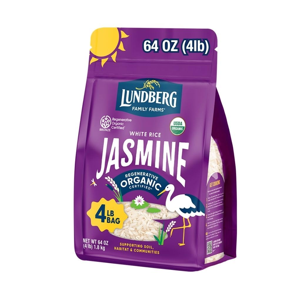Lundberg Jasmine Rice, Regenerative Organic Certified - Non-Sticky, Aromatic Long-Grain White Rice, Responsibly Grown in California, 64 Oz