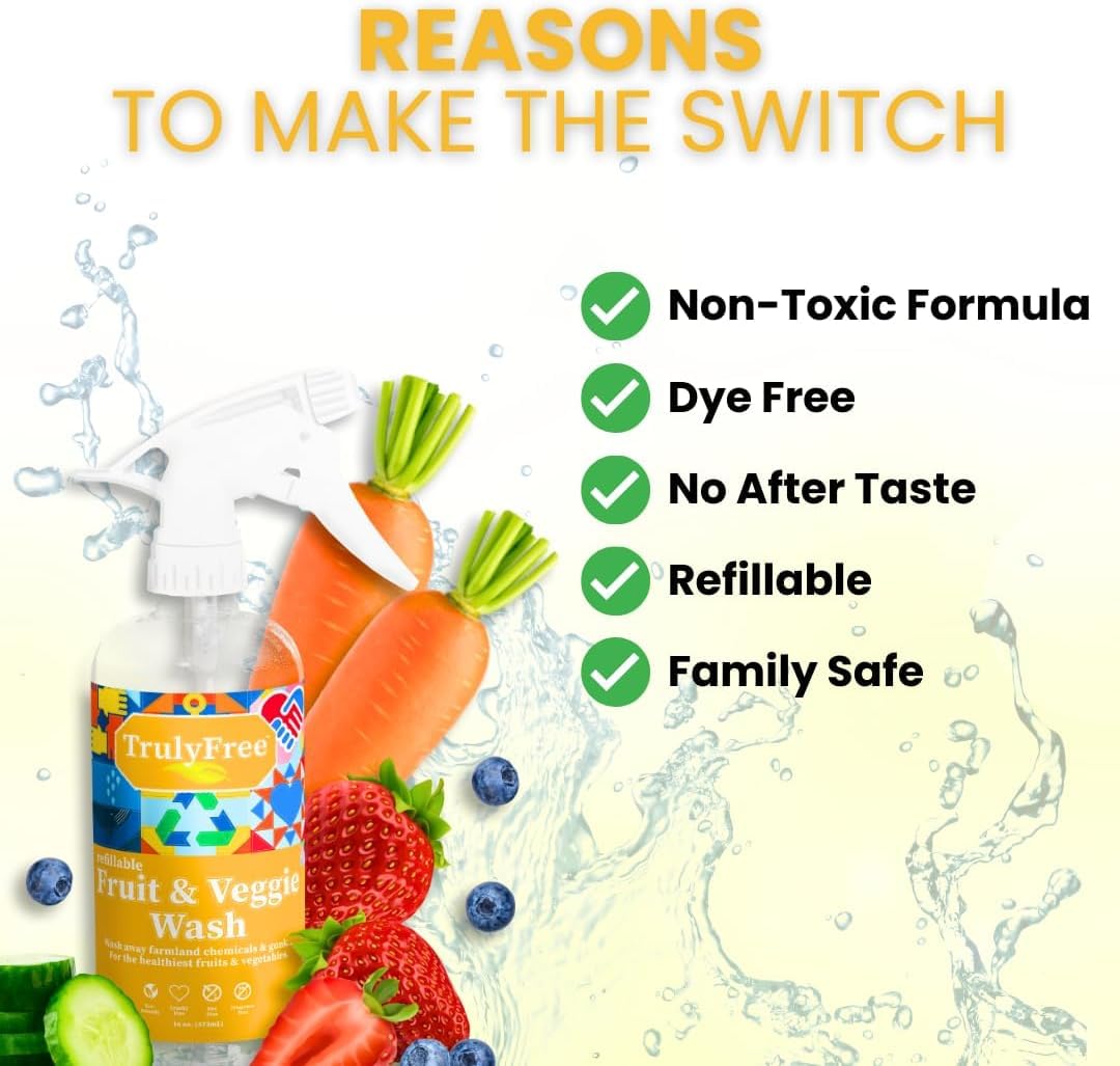 Truly Free Fruit and Vegetable Wash Refills | Veggie Wash Removes 99% Dirt & Wax | Plant-Based Produce Cleaner Spray | No Aftertaste, Made in USA |