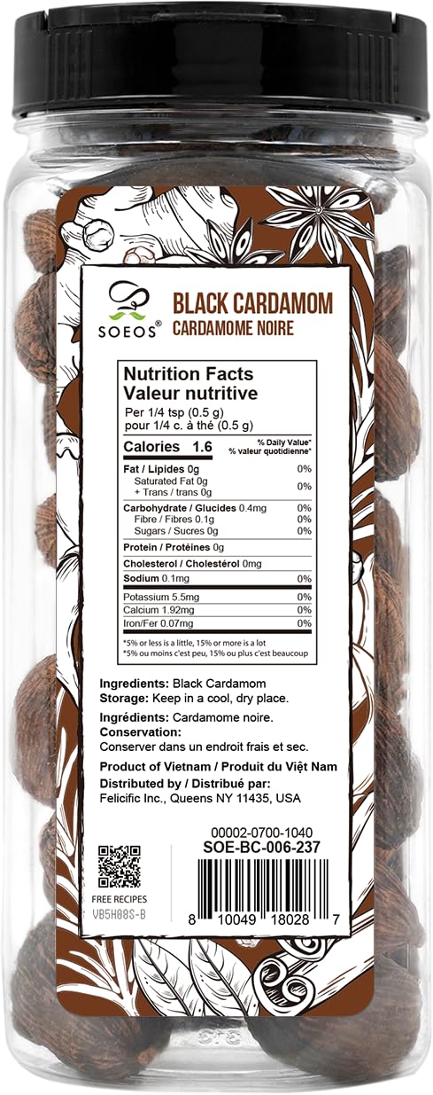 Soeos Black Cardamom Pods, 6 Ounces, NON GMO Verified, Kosher, Smoky Flavor, Freshly Dried Cardamom Seeds, Perfect for Asian and India Cooking Spice