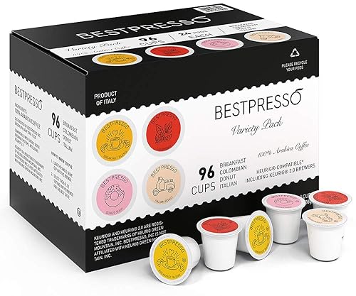 Bestpresso Coffee, Variety Pack Single Serve K-Cup Pods, 96 Count. Includes Breakfast, Colombian, Donut and Italian (Compatible With 2.0 Keurig