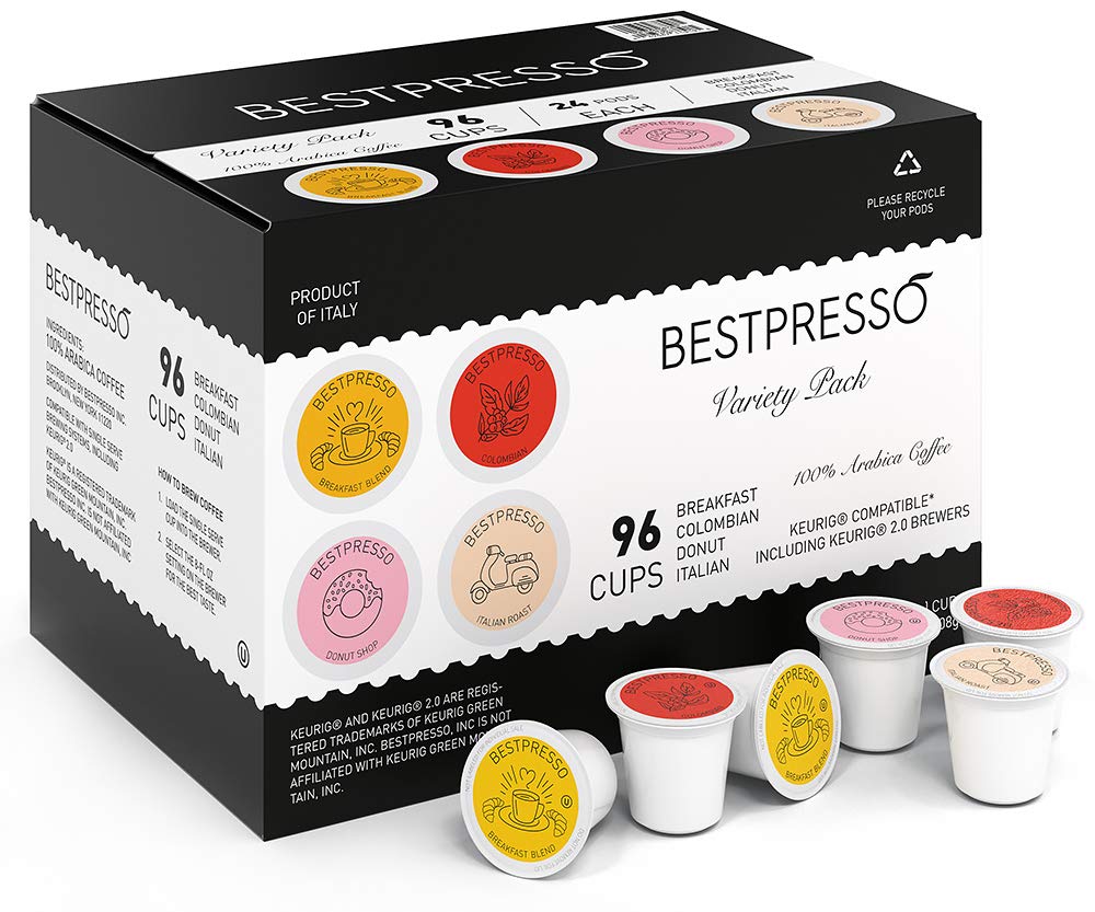 Bestpresso Coffee, Variety Pack Single Serve K-Cup Pods, 96 Count. Includes Breakfast, Colombian, Donut and Italian (Compatible With 2.0 Keurig