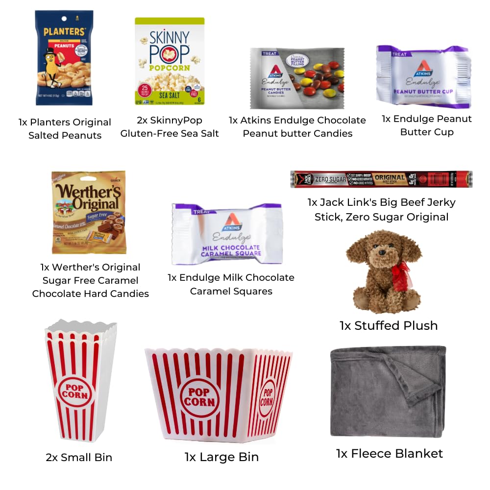 Movie Night Popcorn and Candy Gift Basket - Keto Cravings Gift Basket - Perfect for a Cozy and Fun Evening at Home or the Theater with Family