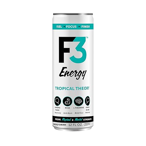 F3 Energy Tropical Theory Energy Drink - Muscle Building Sports Drinks w/BCAA, Panax Ginseng & Ginkgo Biloba - Natural Energy Drinks for Mental Focus