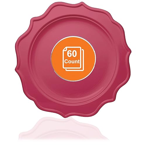 Tiger Chef 60-Count, 8-inch Fuchsia Color Round Scalloped Rim Disposable Plastic Plate Set Includes 60 Plastic Salad Plates - BPA-Free
