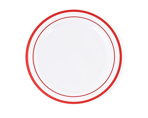 Crystal Ridge Tableware 120-Piece Premium Salad Plates Set - Disposable White Plastic With Red Rim for Party and Wedding