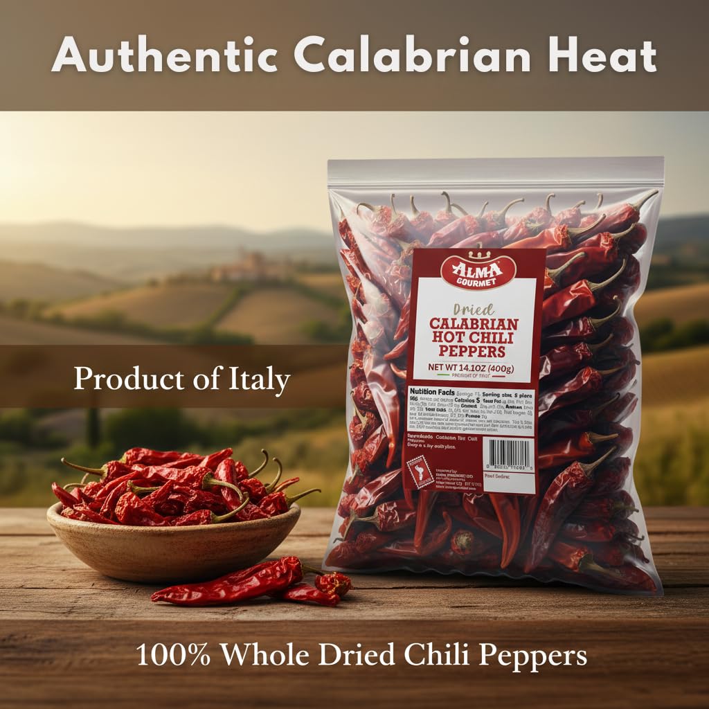 Alma Gourmet Whole Dried Calabrian Red Hot Chili Peppers - Peperoncino Secco Calabrese, Authentic Italian Spicy Peppers, Imported from Italy - 14.1oz