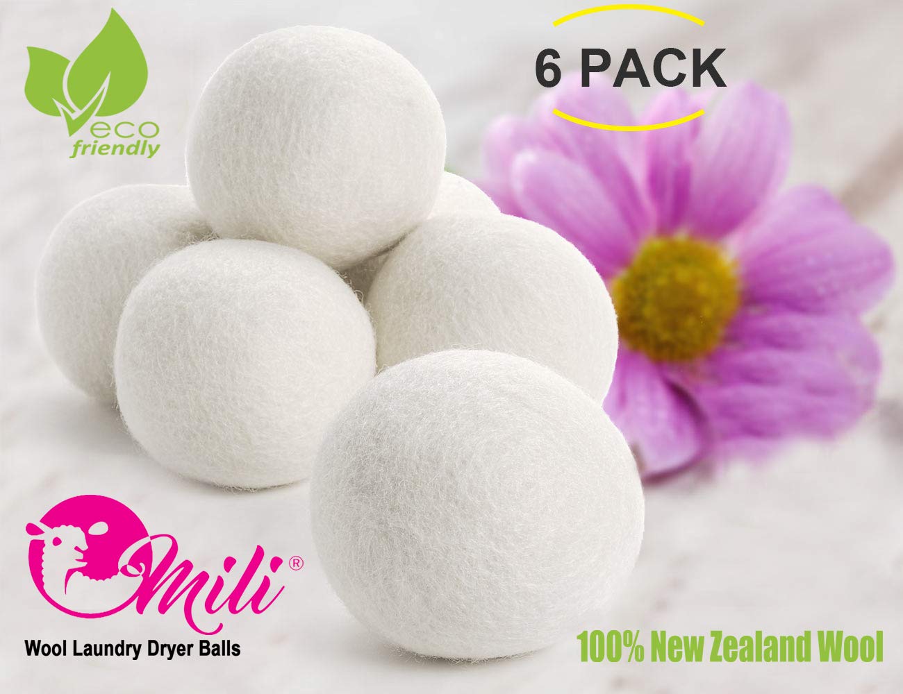 6-Pack Wool Laundry Dryer Ball by Mili Felt -Reusable Extra Large Premium Natural Fabric Softener, Reduces Clothing Wrinkles, Eco-Friendly ~ Made
