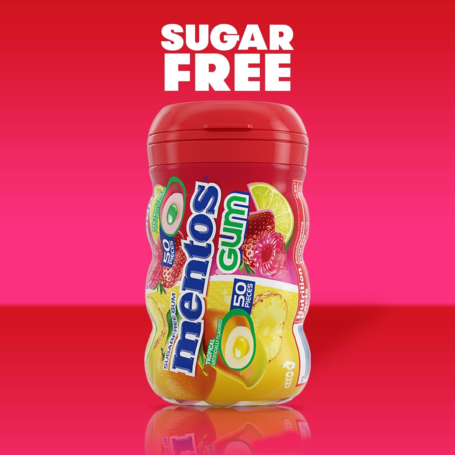 MENTOS SUGAR-FREE CHEWING GUM, RED FRUIT LIME, 50 PIECE BOTTLE