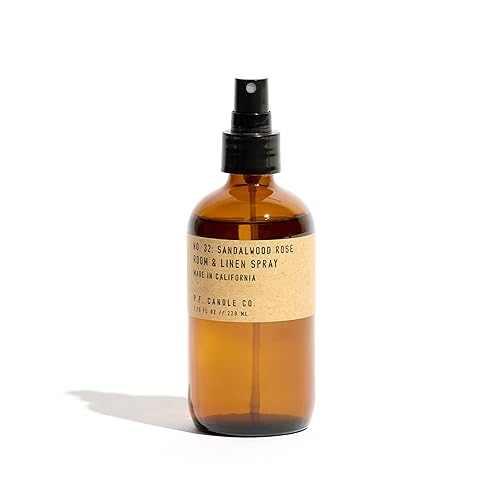 P.F. Candle Co. Sandalwood Rose Scented Room & Linen Spray (7.75 fl oz) Amber Glass Bottle, Fine Fragrance Oil, Quick Fabric and Air Refresher, Made