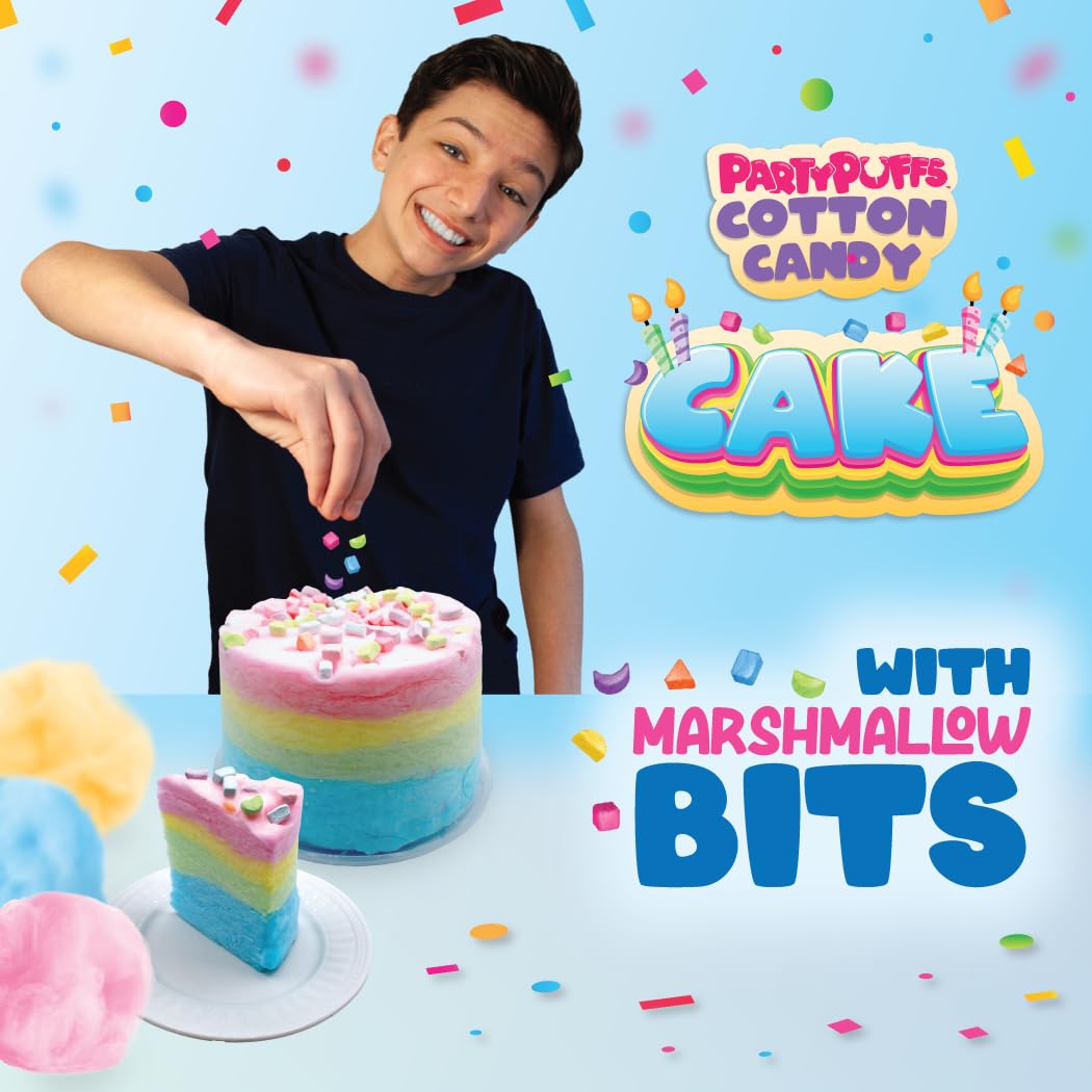 PartyPuffs 4oz Sliceable Cotton Candy Cake Tub - Strawberry Apple Blue Raspberry Lemon - Ready-to-Serve Gluten-Free Candy Dessert for Kids & Parties