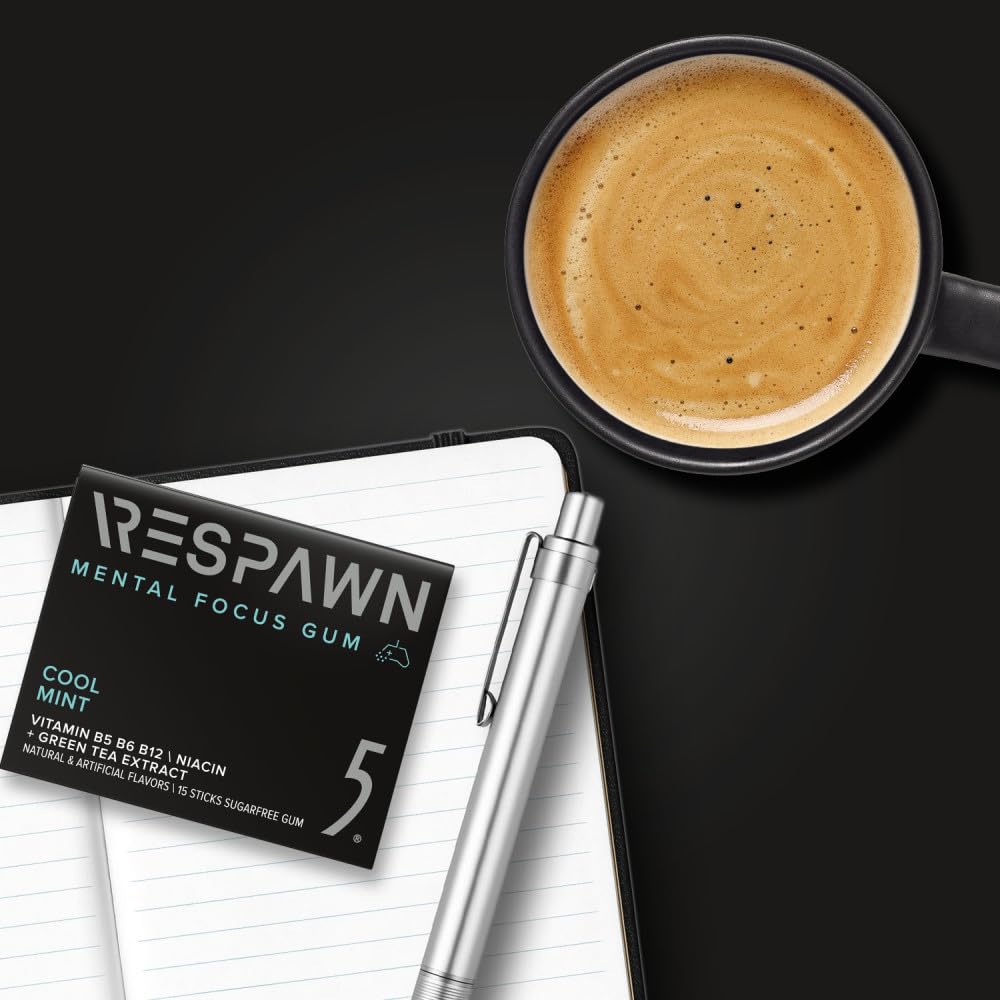 RESPAWN by 5 GUM Mental Focus Gum, Cool Mint Sugar Free Chewing Gum, 15 Sticks