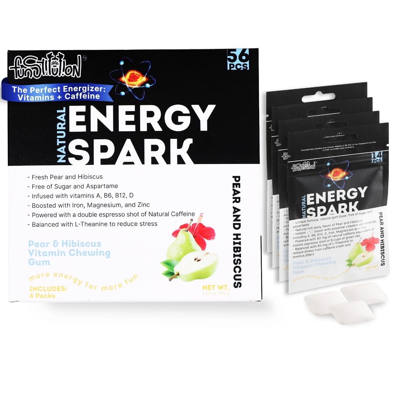 60mg Caffeine Gum (56pcs) | Focus And Energy Gum For Students And Athletes to Stay Focused | Contains Vitamin A, B6, B12, D, L-Theanine, Xylitol