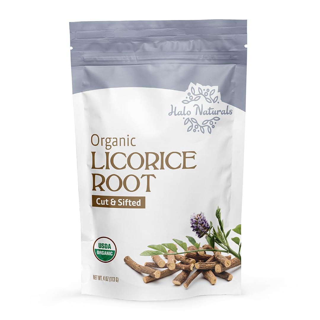 Halo Naturals Organic Licorice Root Cut & Sifted, 4 Ounces (Glycyrrhiza glabra) USDA Certified | Resealable Pouch| Packaged in The USA