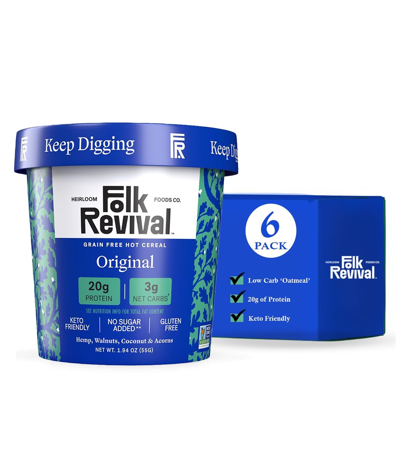 Folk Revival Original Keto Instant 'Oatmeal' - 20g Protein, 3g Net Carbs, High Fiber, Non GMO, Gluten Free, Made with Acorns - 6 Cups Per Case