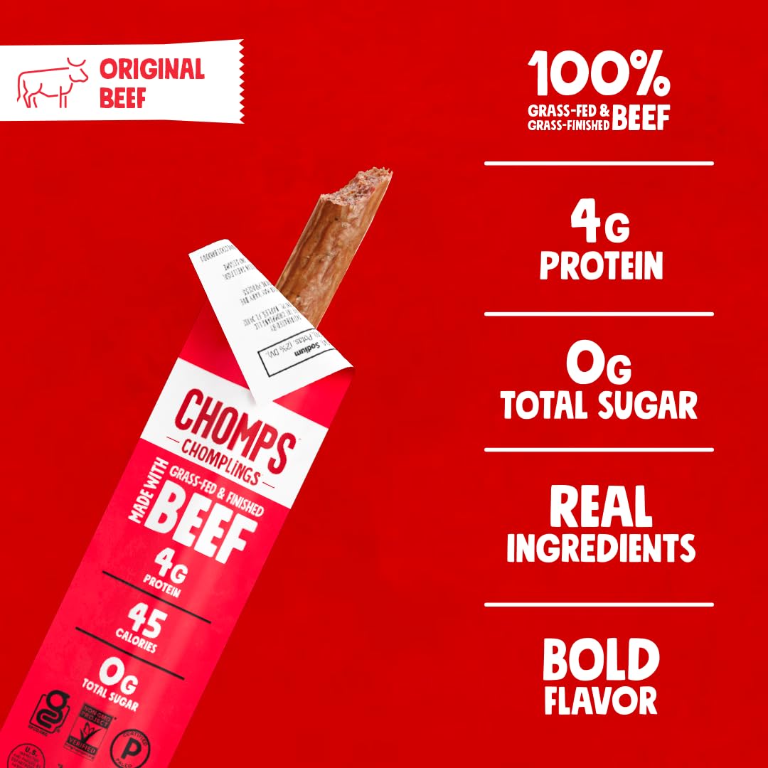 Chomps Snack Size Grass-Fed Original Beef Jerky Snack Sticks 0.5oz 24-Pack - Keto, Paleo, Whole30, 4g Lean Meat Protein, Gluten-Free, Zero Sugar Food