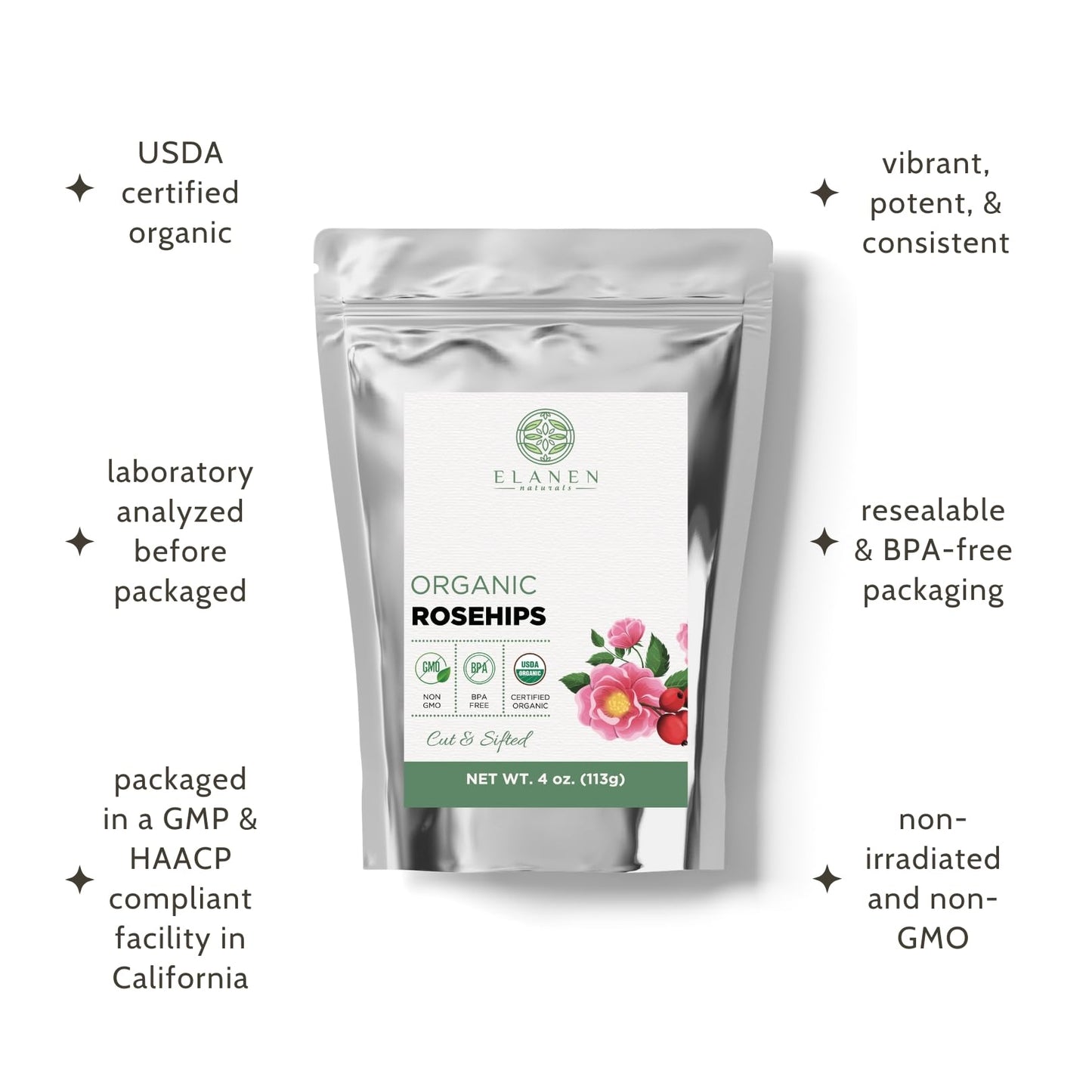 Elanen Naturals Organic Rose Hips 4 oz. (113g), USDA Certified Organic Rosehip Tea, Dried Rose Hips, Whole Rosehips Bulk, Cut & Sifted